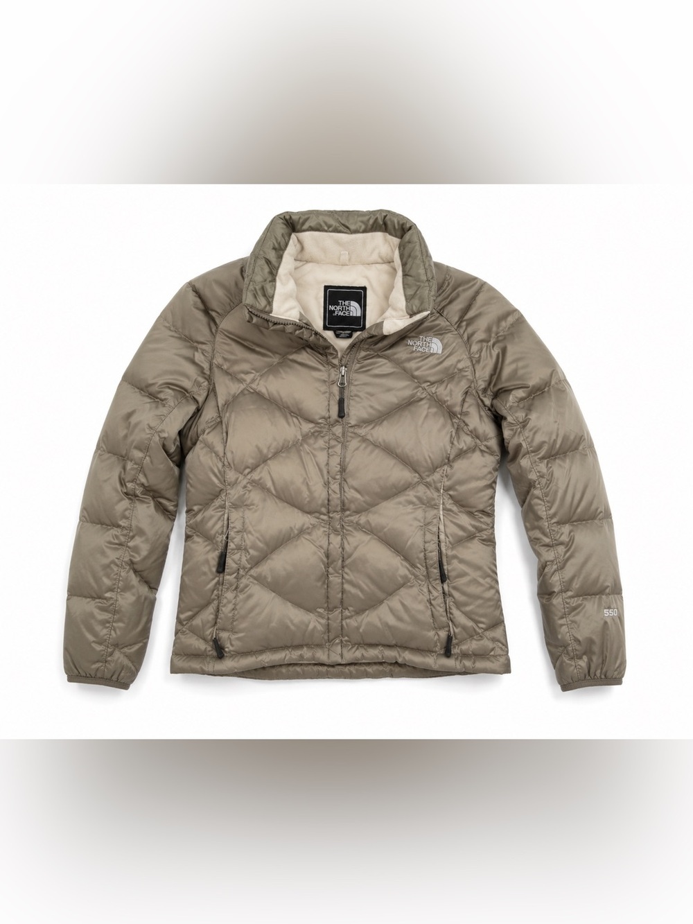 The North Face 550 Goose Down Puffer Jacket Taupe Beige Chevron Quilted XS